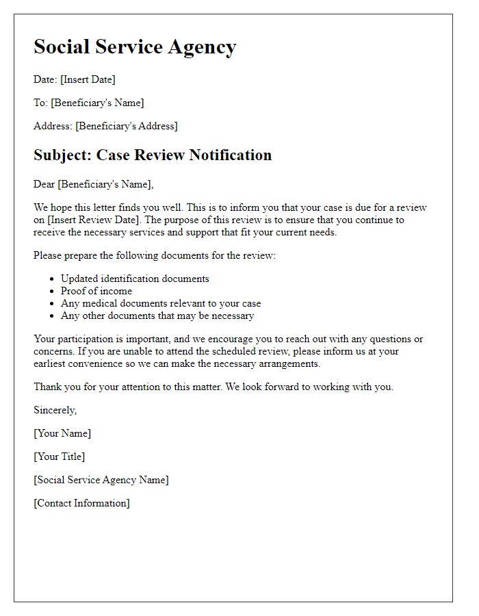 Letter template of beneficiary case review for social service agency