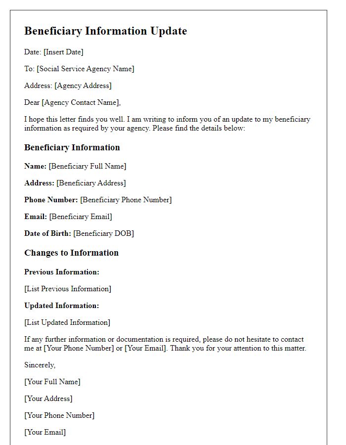 Letter template of beneficiary information update for social service agency