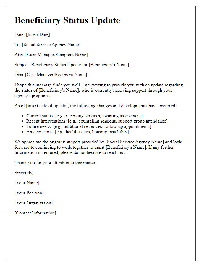 Letter template of beneficiary status update for social service agency