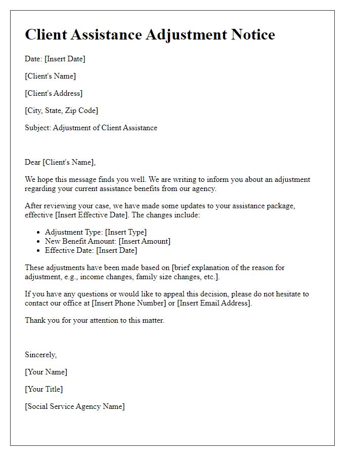 Letter template of client assistance adjustment for social service agency