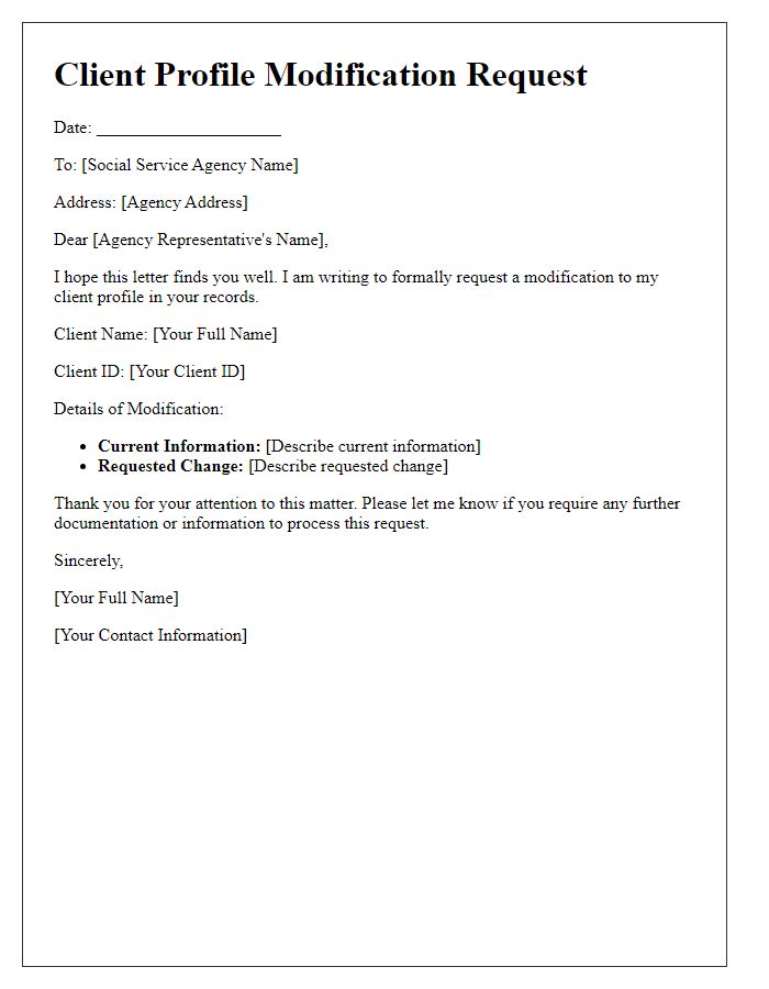 Letter template of client profile modification for social service agency