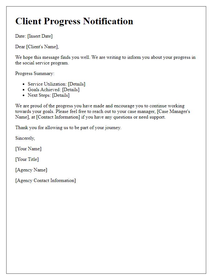 Letter template of client progress notification from social service agency