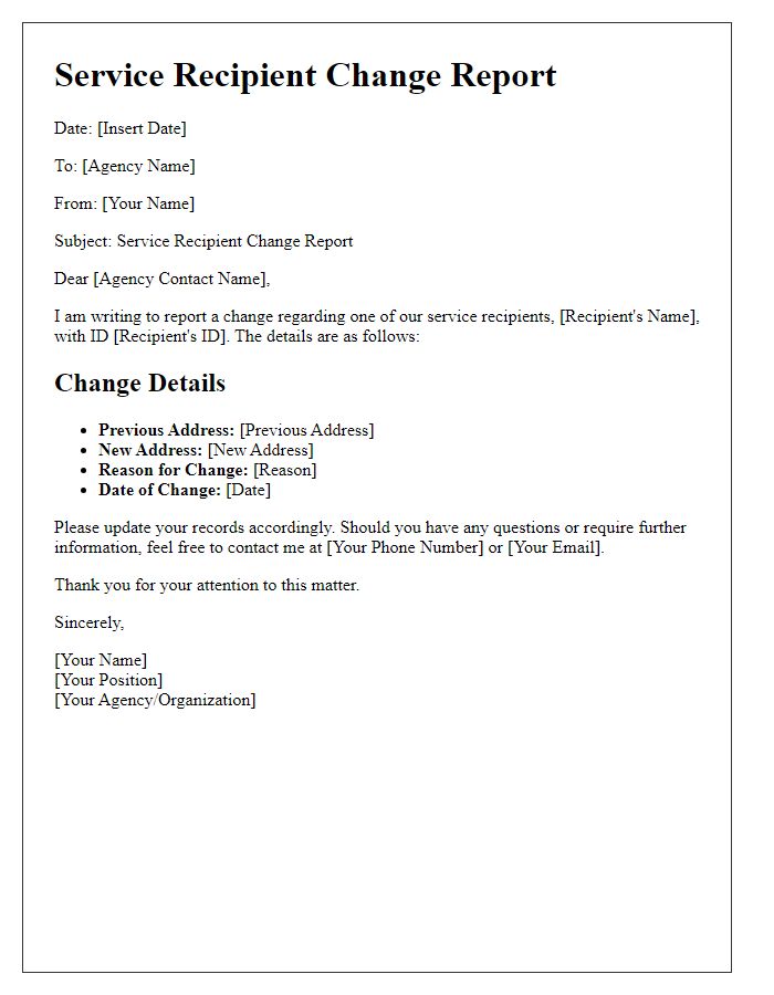 Letter template of service recipient change report for social service agency