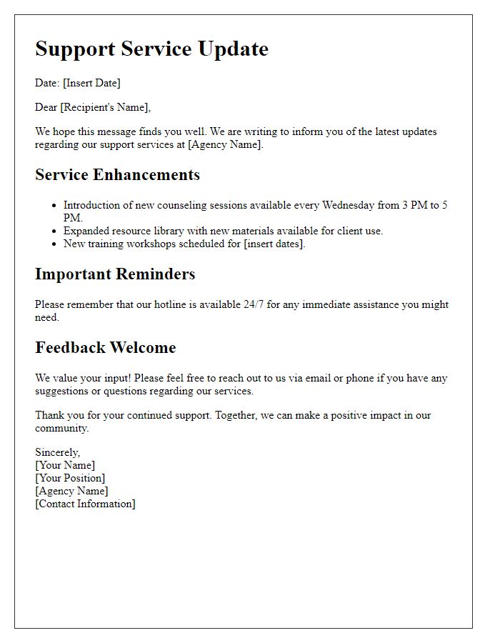 Letter template of support service update for social service agency