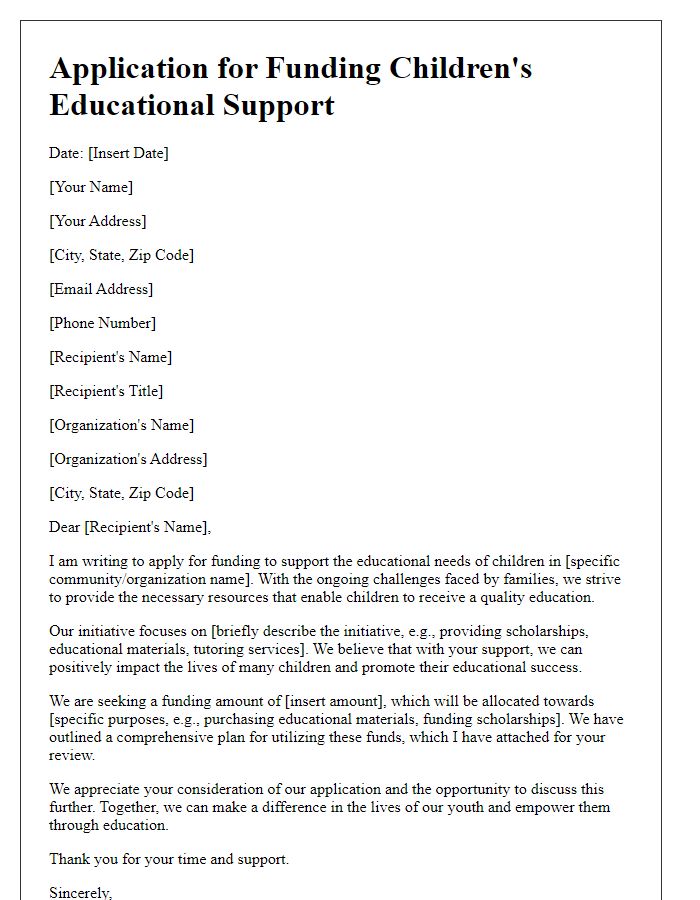 Letter template of application for funding childrens educational support.