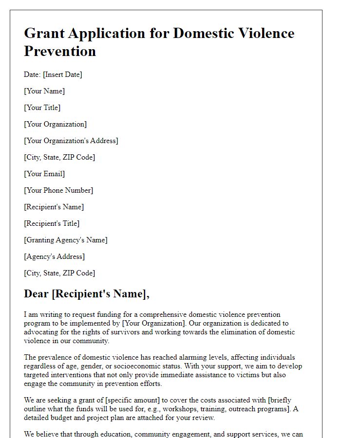 Letter template of application for grants aimed at domestic violence prevention.