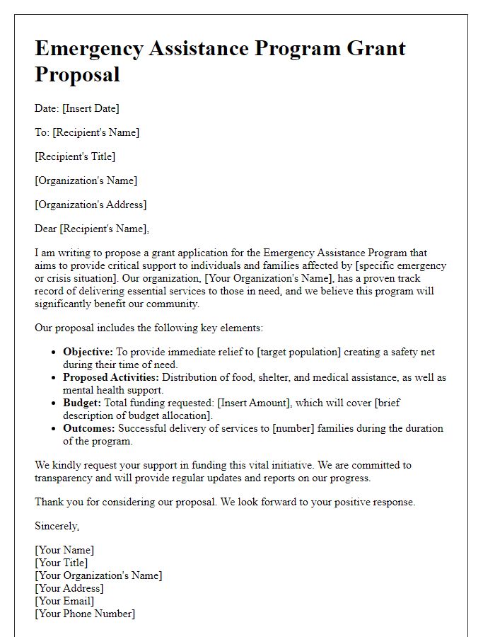 Letter template of proposal for emergency assistance program grant.