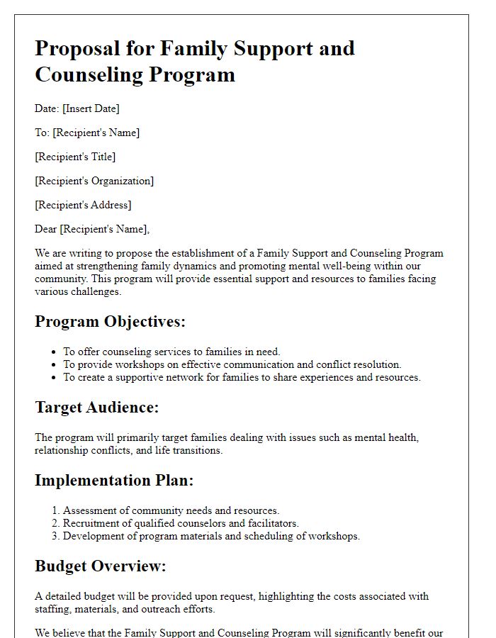 Letter template of proposal for family support and counseling program.