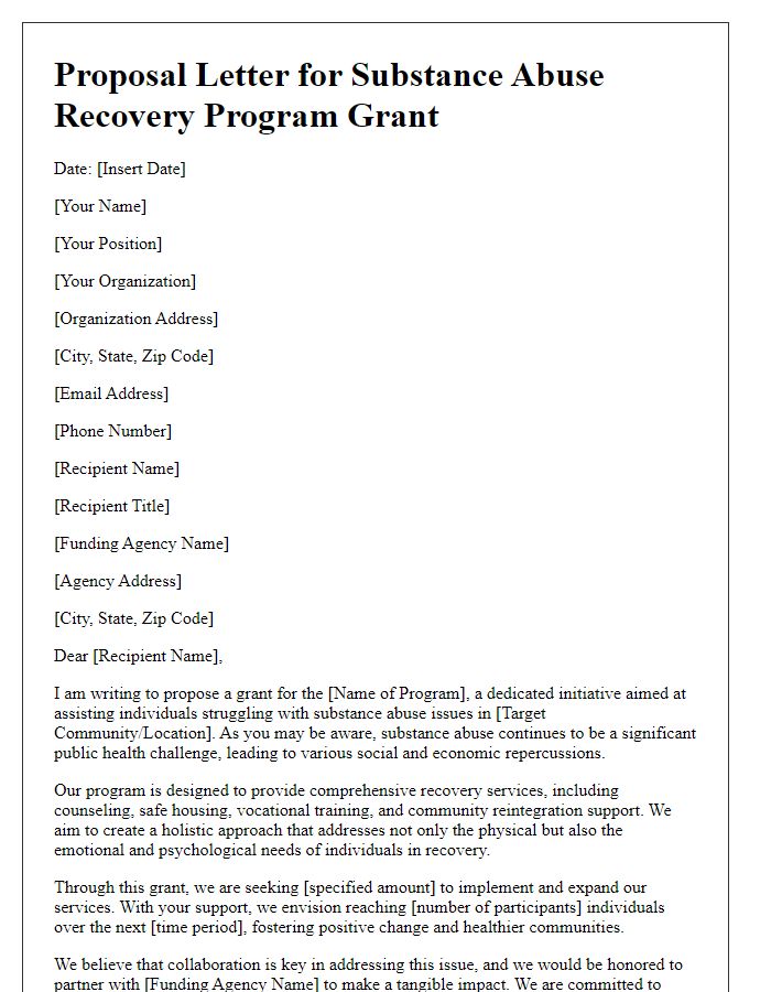 Letter template of proposal for substance abuse recovery program grant.