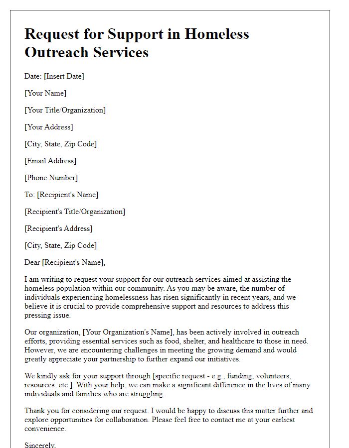 Letter template of request for support in homeless outreach services.