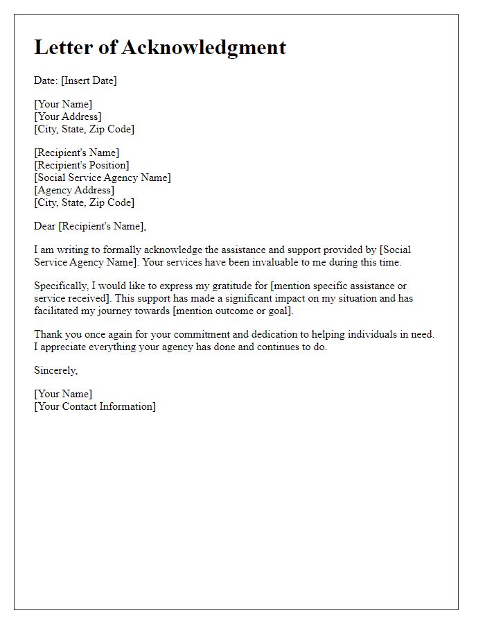 Letter template of acknowledgment for social service agency assistance