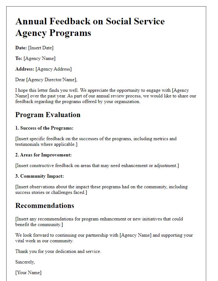 Letter template of annual feedback for social service agency programs