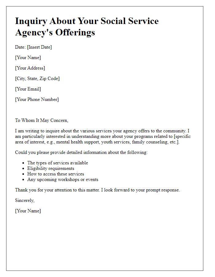 Letter template of inquiry about social service agency service offerings