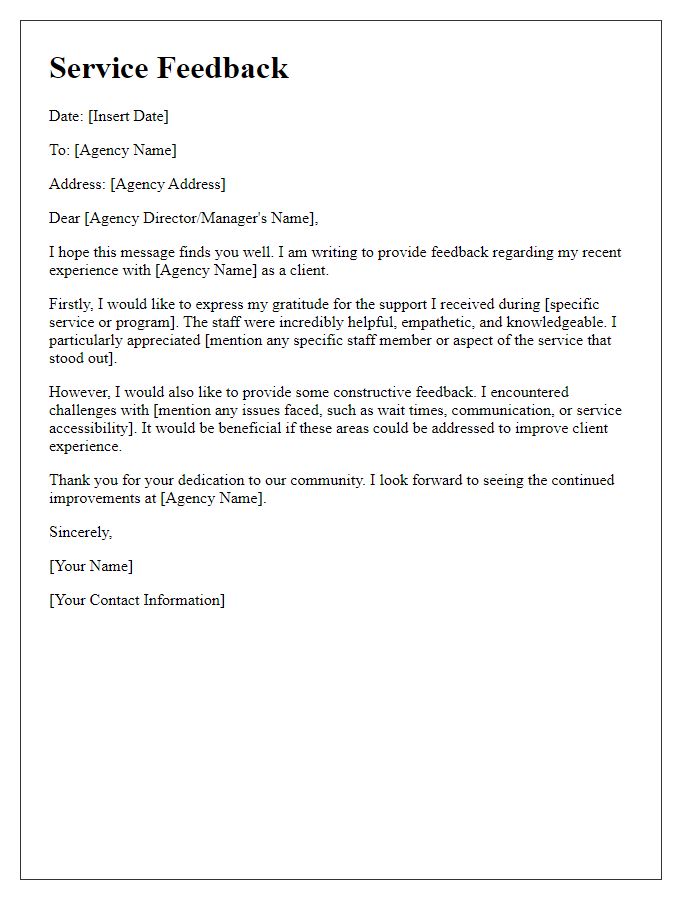 Letter template of service feedback for social service agency client experience