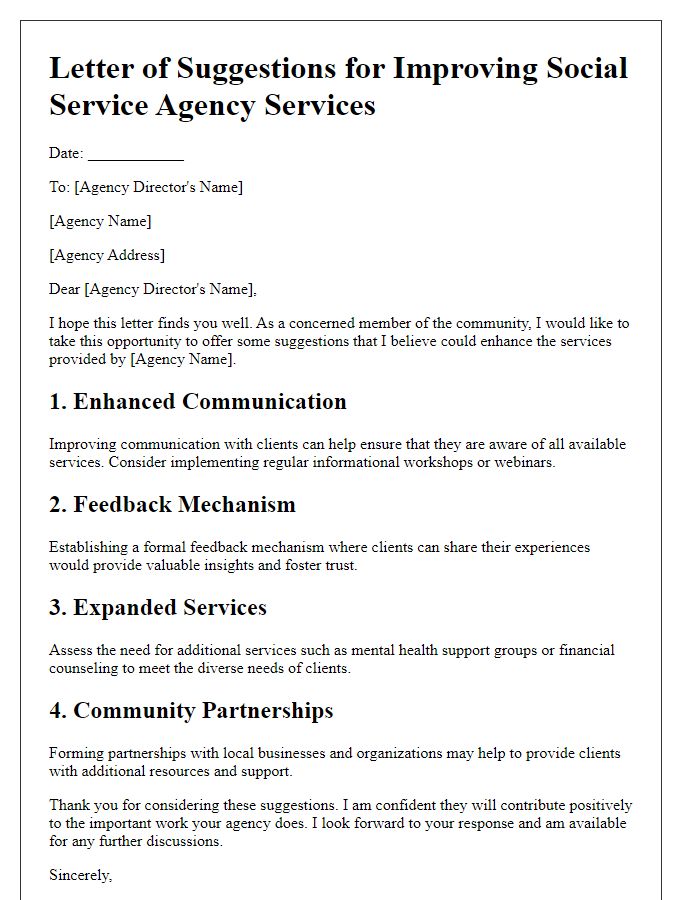 Letter template of suggestions for improving social service agency services