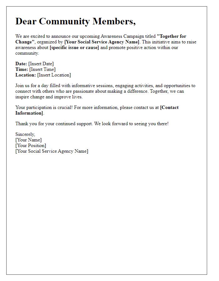 Letter template of awareness campaign announcement from social service agency