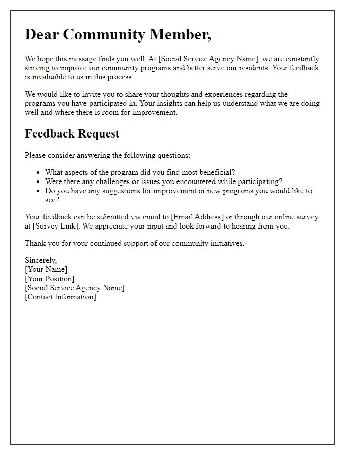 Letter template of feedback solicitation for community programs from social service agency