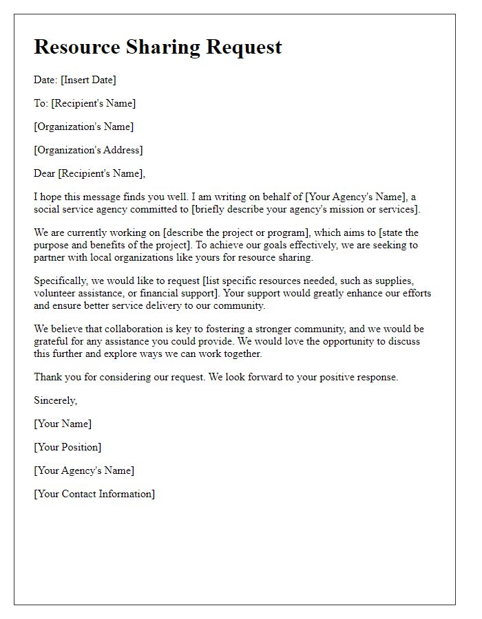 Letter template of resource sharing request from social service agency to local organizations