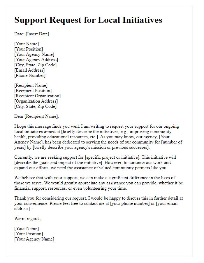 Letter template of support request for local initiatives by social service agency