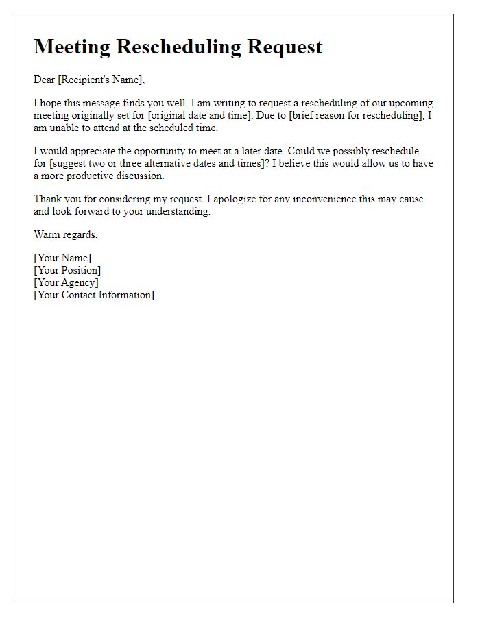 Letter template of meeting rescheduling request for social service agency.