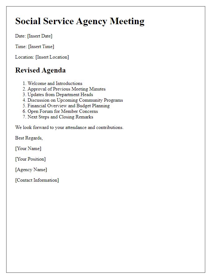 Letter template of revised agenda for upcoming social service agency meeting.