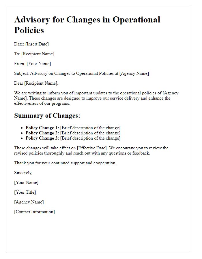 Letter template of advisory for changes in social service agency operational policies.