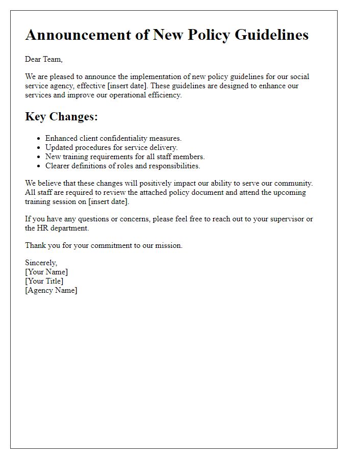 Letter template of announcement for new social service agency policy guidelines.