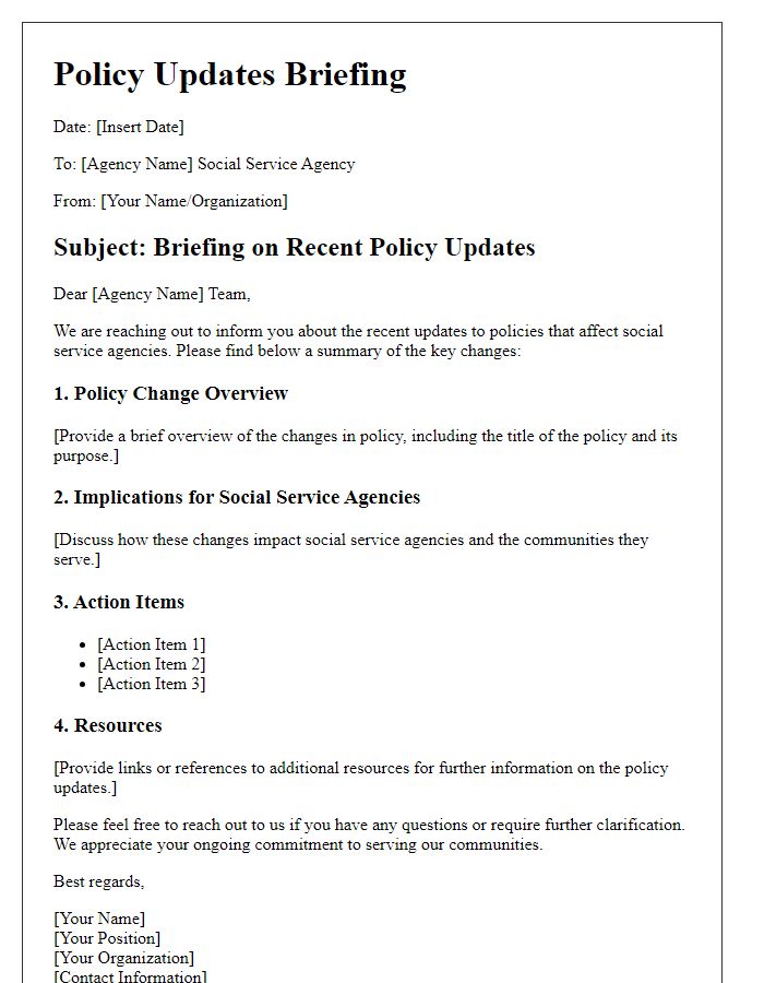 Letter template of briefing on policy updates for social service agencies.