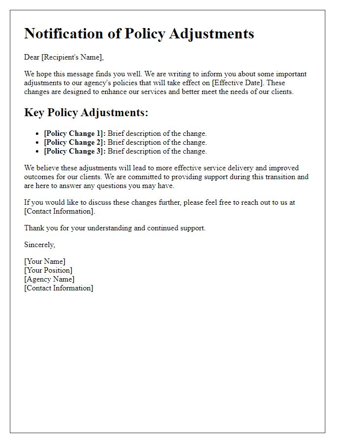 Letter template of communication about adjustments in social service agency policies.