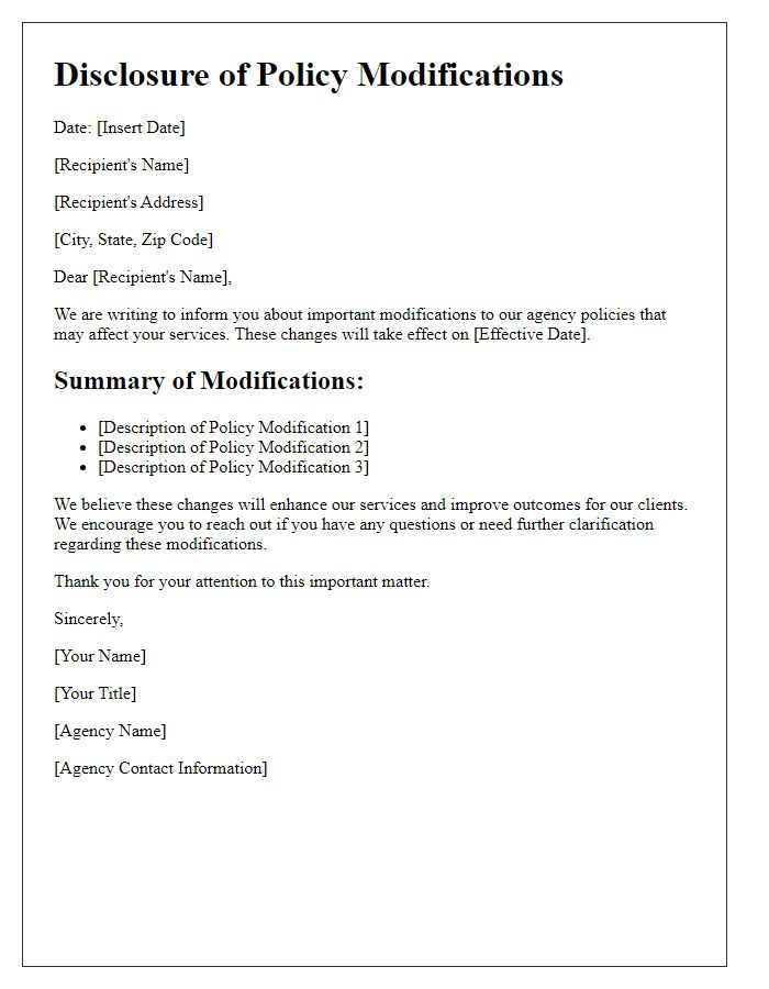 Letter template of disclosure for social service agency policy modifications.