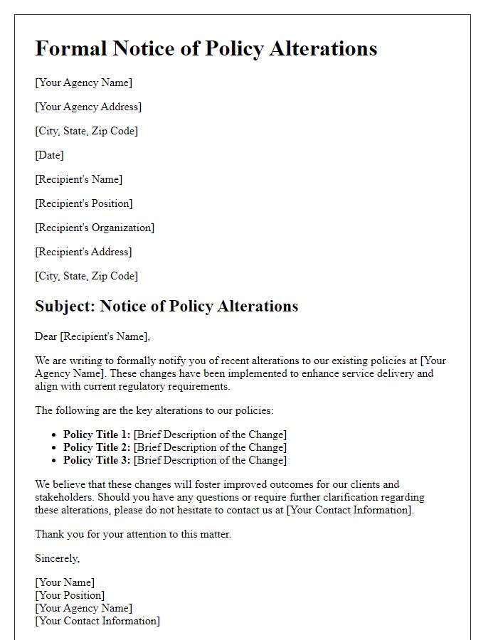 Letter template of formal notice for policy alterations in social service agencies.