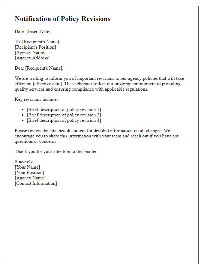 Letter template of notification for revisions in social service agency policies.