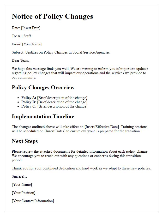 Letter template of updates regarding policy changes in social service agencies.