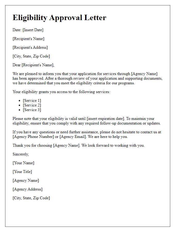 Letter template of social service agency eligibility approval