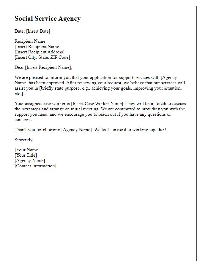 Letter template of social service agency support service acceptance