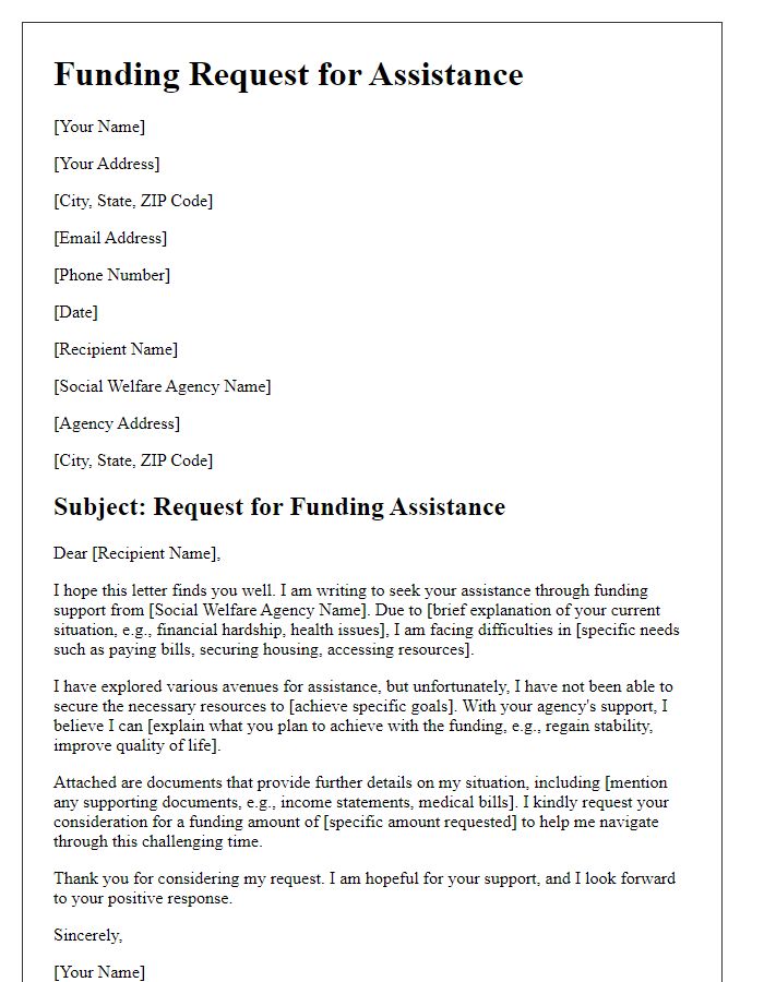 Letter template of funding plea for assistance from social welfare agency