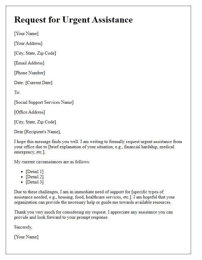 Letter template of request for urgent assistance from social support services