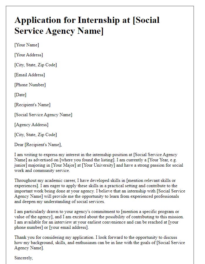 Letter template of application for social service agency internship.