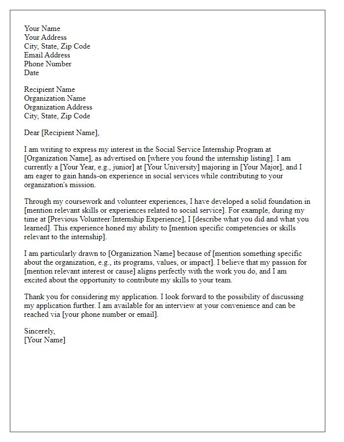 Letter template of cover letter for social service internship program.