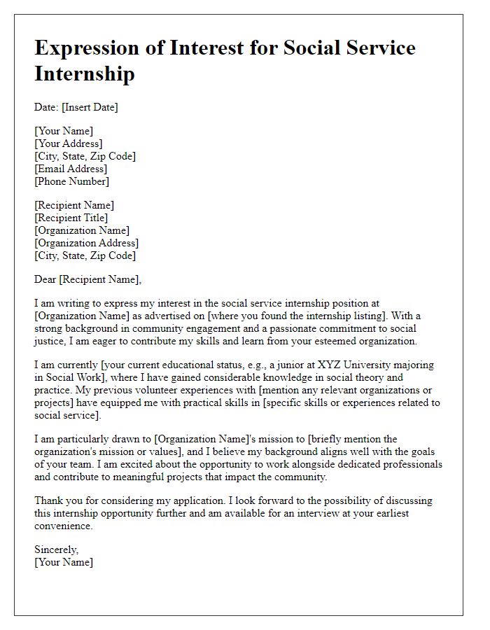 Letter template of expression of interest in social service internship.