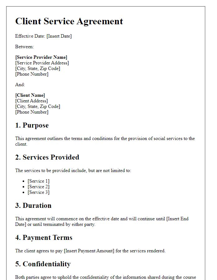 Letter template of client service agreement for social services.