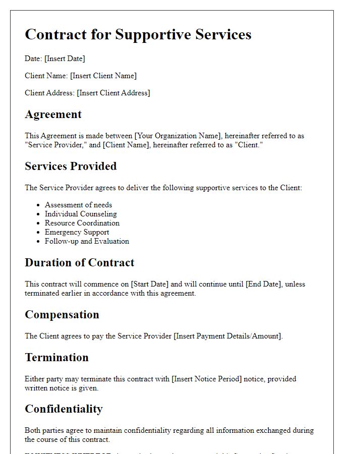 Letter template of contract for supportive services in social work.