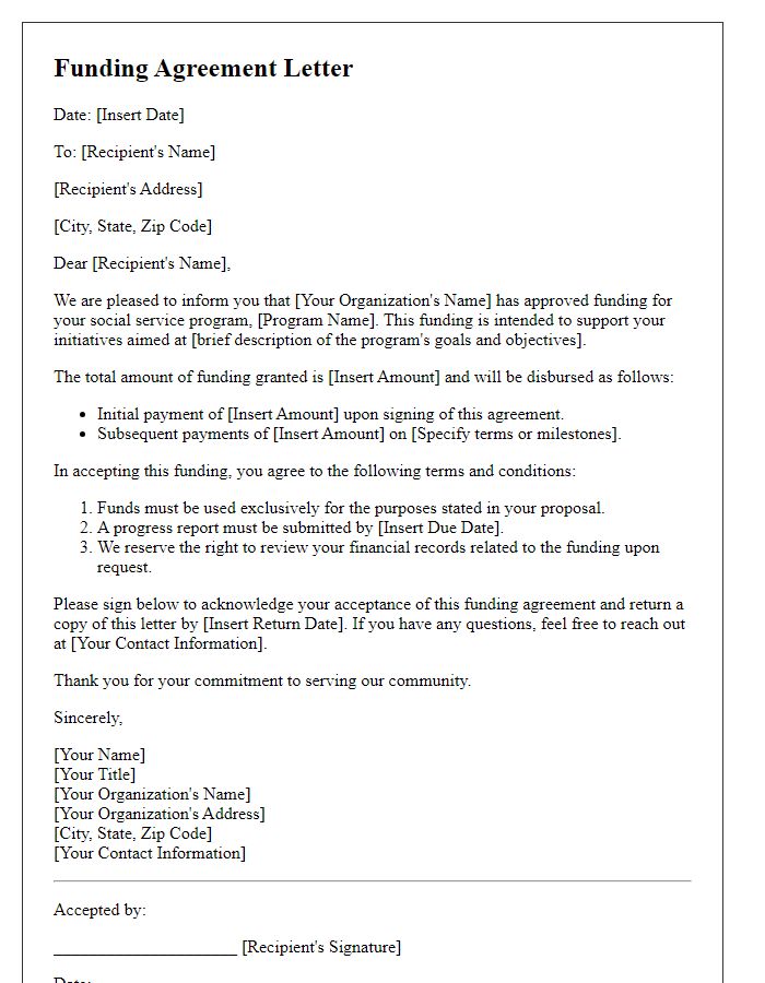 Letter template of funding agreement for social service programs.