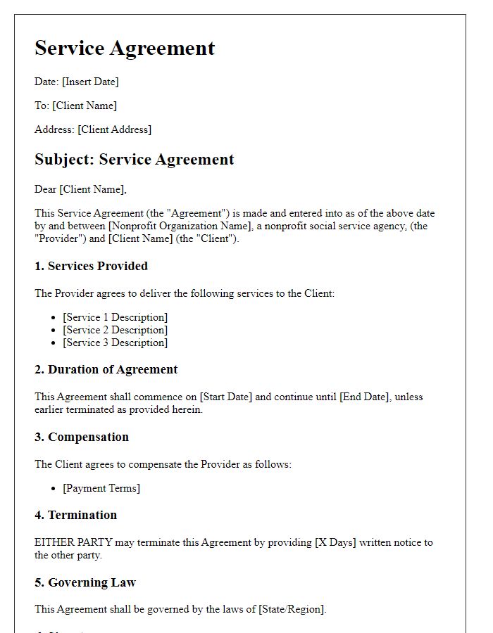 Letter template of service agreement for nonprofit social service agency.