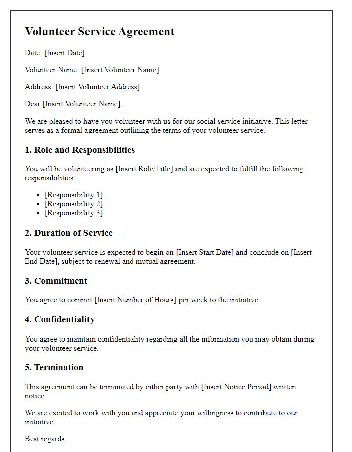 Letter template of volunteer service agreement for social service initiatives.