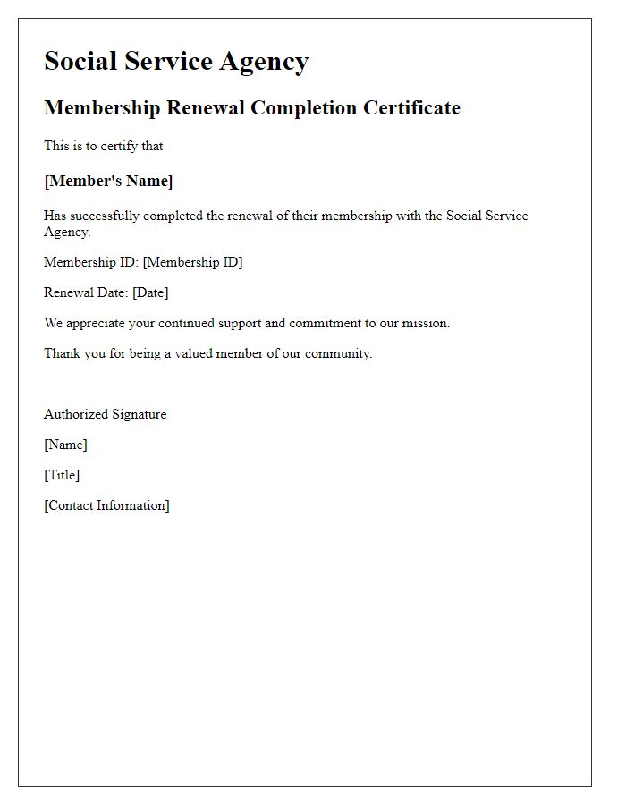 Letter template of social service agency membership renewal completion certificate