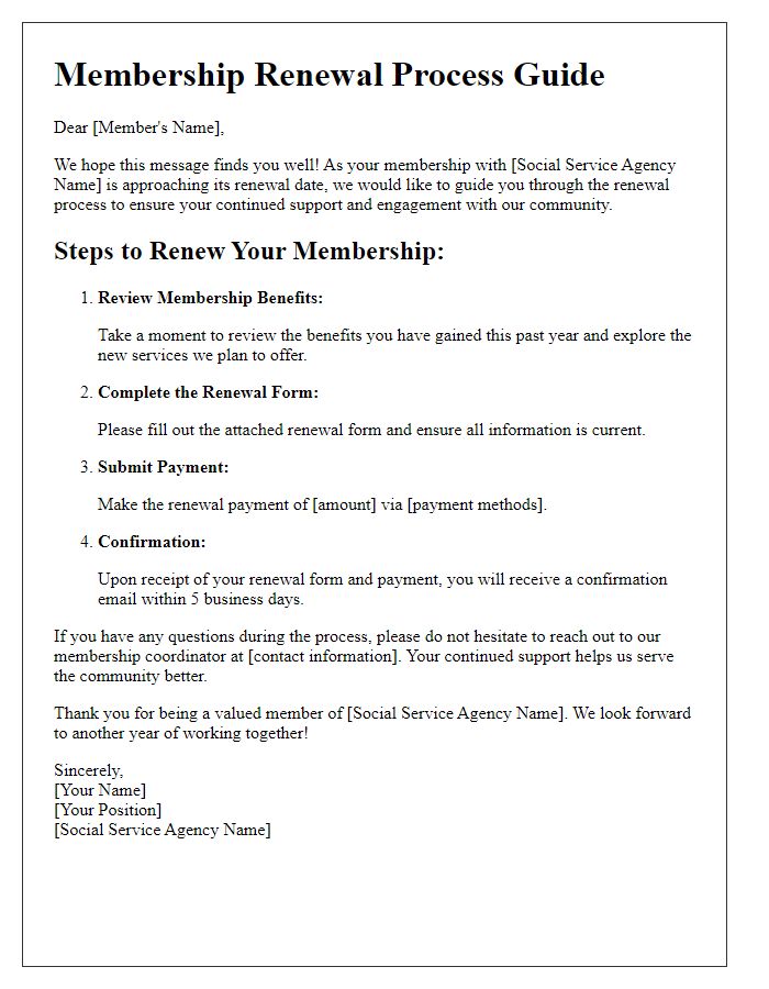 Letter template of social service agency membership renewal process guide