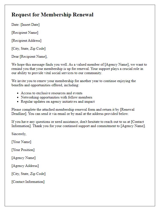 Letter template of social service agency membership renewal request