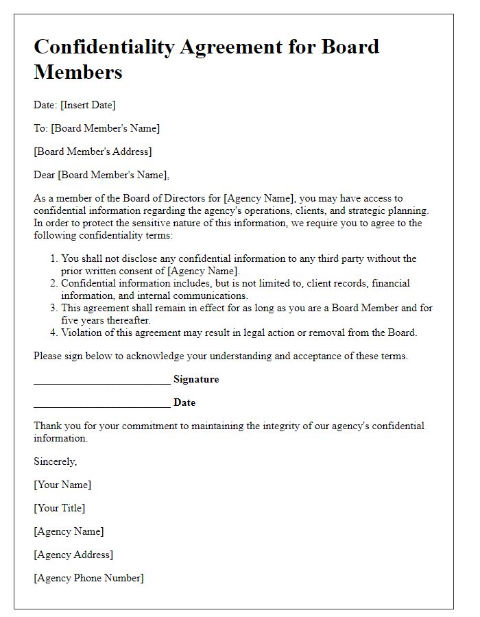 Letter template of confidentiality agreement for board members of a social service agency.