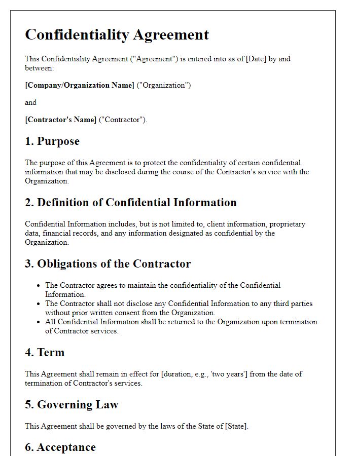 Letter template of confidentiality agreement for contractors in social service settings.